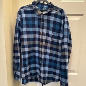 Hurley Flannel‎ Shirt Men XL Blue  Plaid Long Sleeve Button Up down white black
